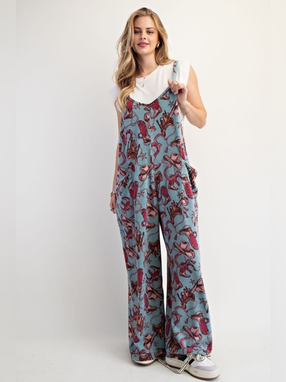Casual Sky Blue Western Print Wide-Leg Jumpsuit